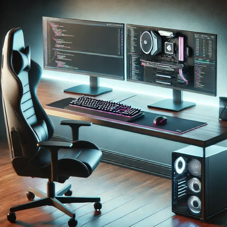 A modern PC setup designed for programming, featuring a dual-monitor setup, mechanical keyboard, and ergonomic workspace.