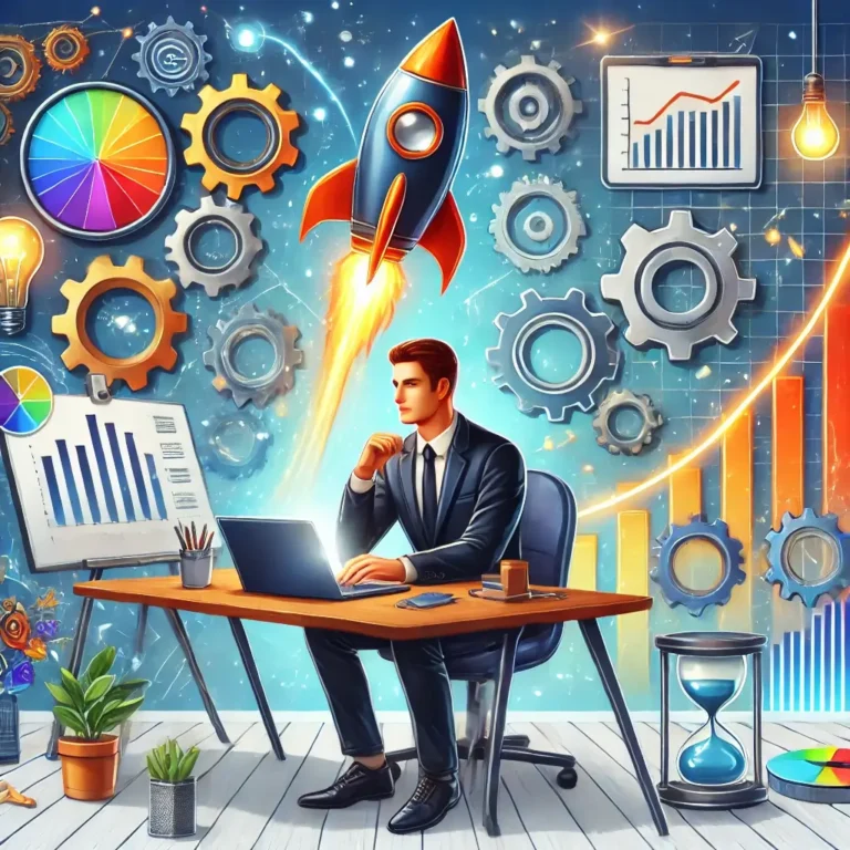 A male entrepreneur confidently presenting startup ideas with modern technology and innovation-themed background.