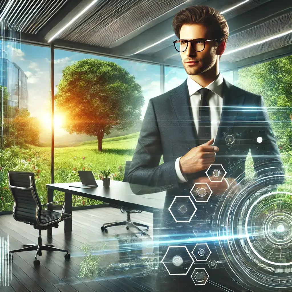 A futuristic male entrepreneur planning and strategizing to build a company, with a dynamic backdrop of technology and nature.