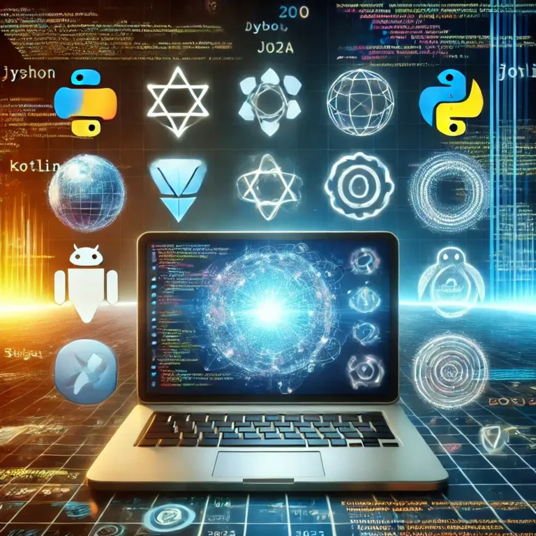 A visually striking illustration representing the top programming languages for app development in 2025, including Python, JavaScript, and Swift.