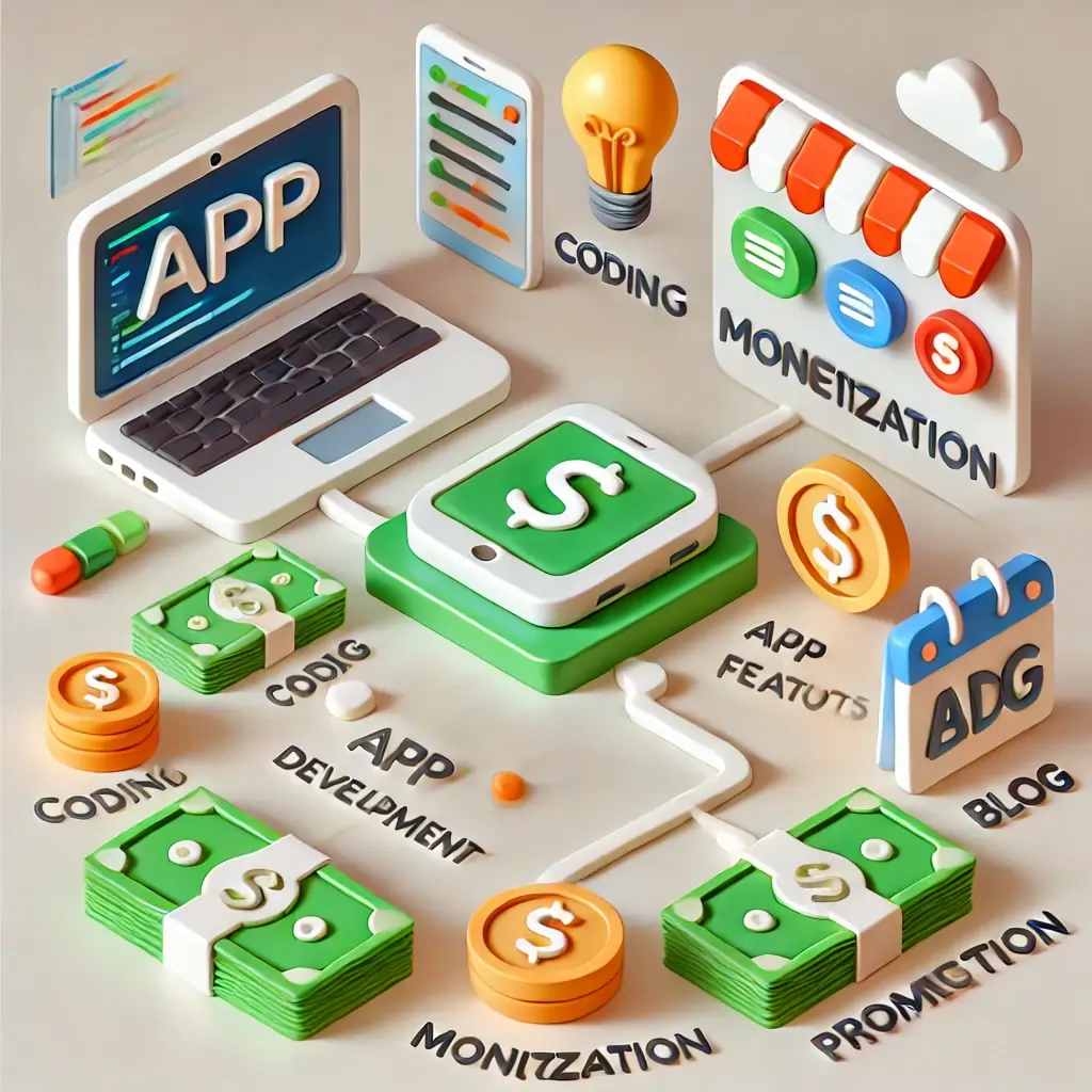 How to build an app and earn money: A 3D illustration showing app development steps, coding, monetization strategies, and blog promotion.