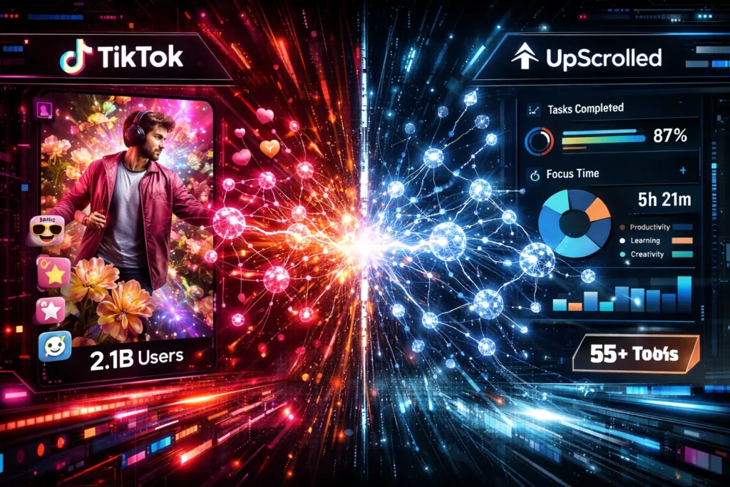 Futuristic split-screen showing UpScrolled's minimalist interface with productivity metrics on left, TikTok's vibrant dance video with viral counters on right, with neural network connections battling in between