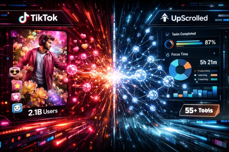 Futuristic split-screen showing UpScrolled's minimalist interface with productivity metrics on left, TikTok's vibrant dance video with viral counters on right, with neural network connections battling in between