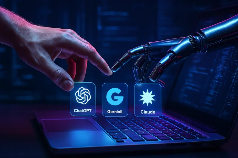 Alt Text: AI Agent collaboration between human hand and robotic hand over laptop with ChatGPT, Gemini, and Claude interfaces visible